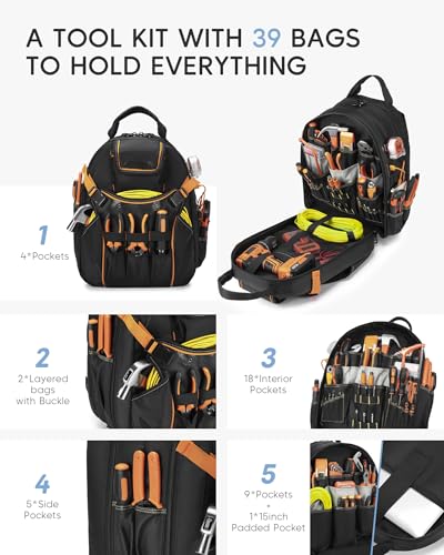 Heavy Duty Tool Backpack Full-Open Tool Bag for Electricians, HVAC - color: Olive Green