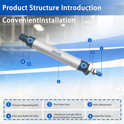 CG WEITENG Pneumatic Mini Pneumatic Cylinder MAL Single Rod Aluminum Double Acting Pneumatic Cylinder 20mm Bore 75mm Stroke(MAL20x75) - color: MAL-20 mm, size: 75 mm
