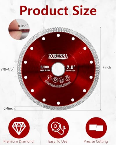 ZORUNNA 2Pcs 7" Tile Saw Blade, Diamond Blade for Angle Grinder 7/8" Arbor - size: 7"