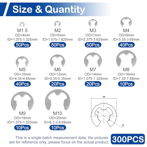 MroMax 300Pcs Stainless Steel E-Clip Assortment Kit, 10 Sizes M1.5 - M10 - size: Assortment Kit