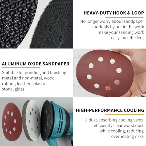5 Inch 8 Holes Hook Loop Orbital Sander Metal Pad Replacement for Makita BO5010K BO5021 BO5030K BO5031K BO5041K with 4 PCS Foam & 36 PCS Sanding Discs 100 150 180 240 320 400 Grits - size: FIT 743081-8 & 743051-7
