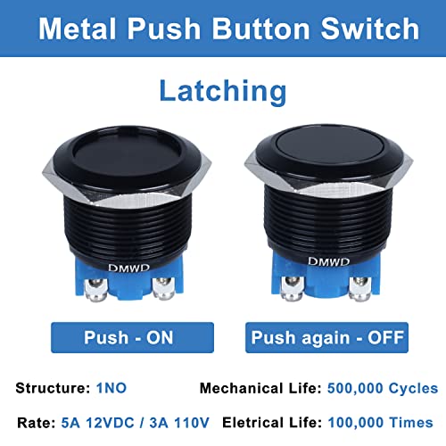 1pc 22mm Latching Metal Push Button Switch Waterproof IP66 Anti-Vandal IK09 for 7/8" Mounting Hole Screw Terminals 12V 24V 36V DC 110V 250V AC 5A 1NO Aluminium Alloy Black Shell - color: Black, size: 22mm 1pc