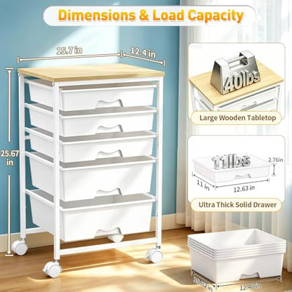 SUNALLY Rolling Carts With 5 Drawers, Storage Drawer Carts for Craft, White - color: White