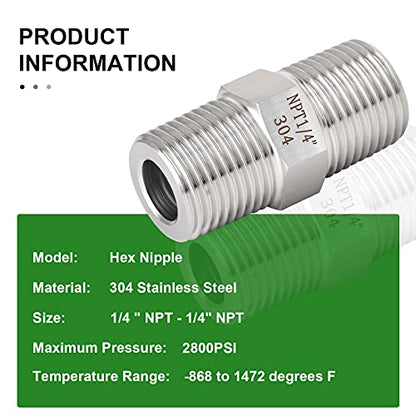 TAISHER 2PCS 304 Stainless Steel Hex Nipple, Pipe Fitting 1/4-Inch Male Pipe x 1/4-Inch Male Pipe - size: 1/4" NPT x 1/4" NPT