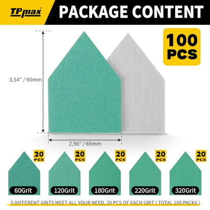 TPmax 100 Pack 90x65mm Detail Sander Sandpaper Compatible with Milwaukee M12, 60/120/180/240/320 Grit Assortment, Heavy Duty Hook & Loop Anti Clogging Polyester Film Sheets - size: Mixed Grit