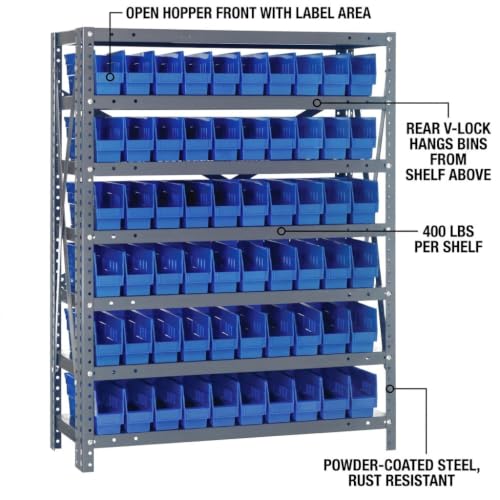 Quantum Storage Systems 1239-100BL Steel Shelving Unit with 4" Shelf Bins, 12" D x 36" W x 39" H, Blue - size: 39" H x 36" W x 12" D, style: 12" L x 3" W x 4" H 72 Economy Blue Bins