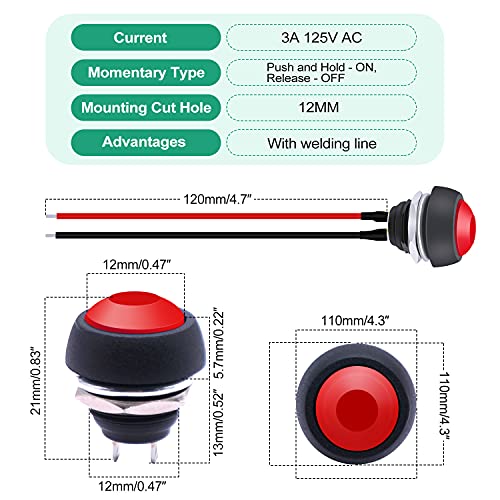Twidec/2Pcs 12mm 1/2" Mounting Hole On Off Mini Round Waterproof Momentary Push Button Switch Red with Pre-soldered Wires PBS-33B-R-X-2PCS - color: Red-12mm-2PCS, size: Momentary