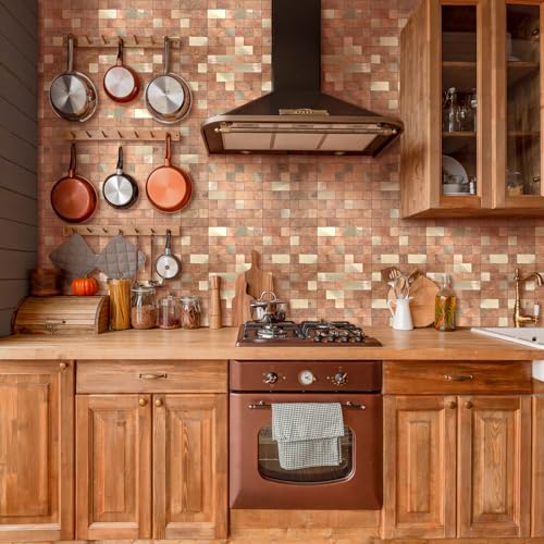 Yipscazo Peel and Stick Backsplash Tile, Stick on Stainless Steel Backsplash Metal Tiles for Kitchen Walls in Copper (12''x12'',10 Sheets) - color: Copper