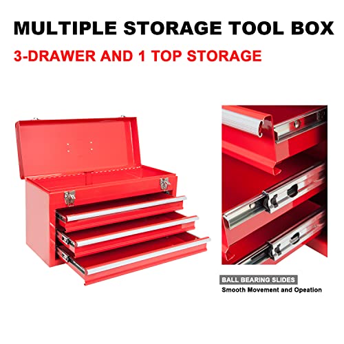 BIG RED Metal Tool Box, 20.5-inch, Portable Metal Tool Box with 3 Drawers - color: Red, size: 20.5 in