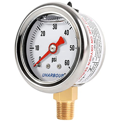 UHARBOUR Glycerin Pressure Gauge 0-60Psi, 1-1/2" Dial 1/8" NPT - size: 0-60PSI, style: Lower Mount（Single scale）