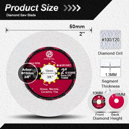 FOCSTOL Diamond Glass Cutting Disc - 3pcs 2 Inch(50mm) Diamond Saw Blade for Glass Jade Crystal Wine Bottle for Mini Angle Grinder - size: 2''(50mm)