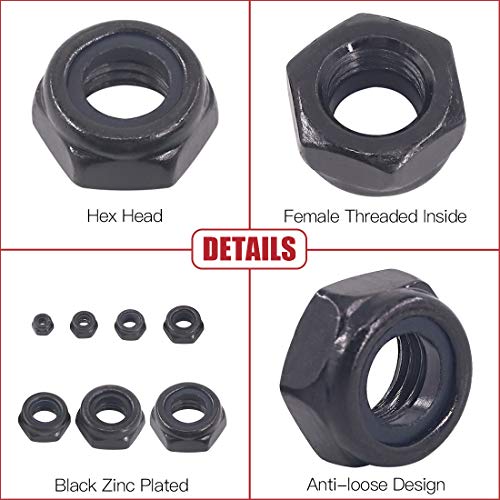 Hilitchi 165-Pcs Black Zinc Plated Nylon Insert Hex Lock Nuts Assortment Kit