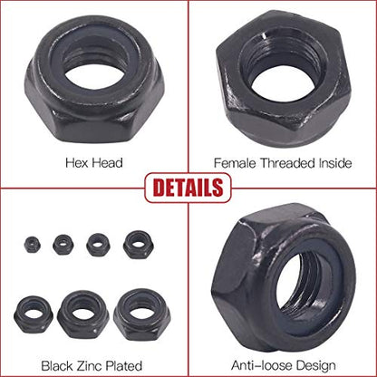 Hilitchi 165-Pcs Black Zinc Plated Nylon Insert Hex Lock Nuts Assortment Kit