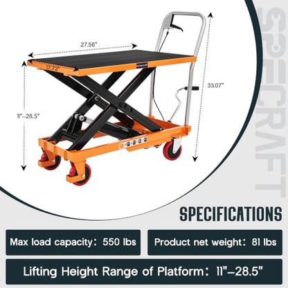 SPECRAFT 550 Lbs Hydraulic Lift Table Cart - color: Orange