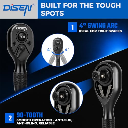 DISEN 3PCS Stubby Ratchet Set 1/2", 3/8", 1/4" Drive Socket Wrench, Black - size: 3PC Black Stubby Ratchet Set