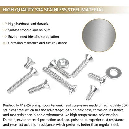 104 Pieces #12-24x 3/8", 1/2", 5/8", 3/4", 7/8", 1", 1-1/4", 1-1/2",Phillips Countersunk Head Machine Screws Nuts Washers Assortment Kit, 304 Stainless Steel, Fully Machine Thread - size: #12-24