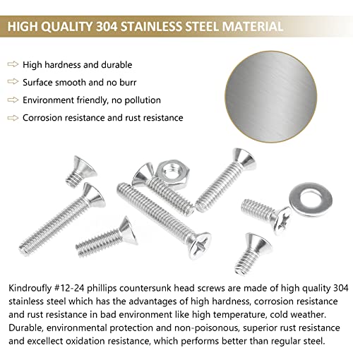 104 Pieces #12-24x 3/8", 1/2", 5/8", 3/4", 7/8", 1", 1-1/4", 1-1/2",Phillips Countersunk Head Machine Screws Nuts Washers Assortment Kit, 304 Stainless Steel, Fully Machine Thread - size: #12-24