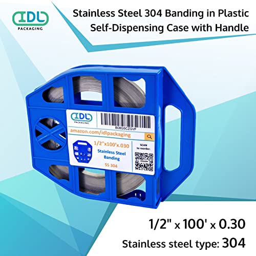 IDL Packaging 1/2" x 100' x .030" Stainless Steel 304 Banding in Plastic Self-Dispensed Case - Salts, Chemicals, UV Rays, and Extreme Temperatures Resistant Banding with High Break Strength - size: 1/2" x 100' x 0.030", style: 304 stainless steel
