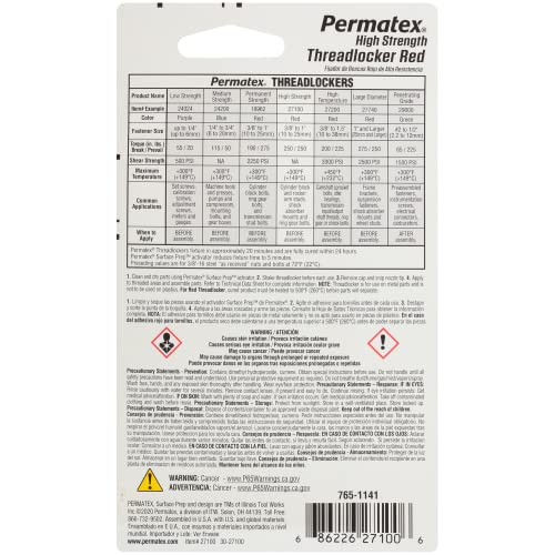 Permatex 27100 High Strength Threadlocker Red, 6 ml - size: 6 ml, style: Liquid - High Strength