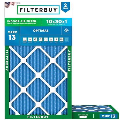 Filterbuy 10x30x1 Air Filter MERV 13 Smoke & Allergy Defense (2-Pack) - size: 10x30x1