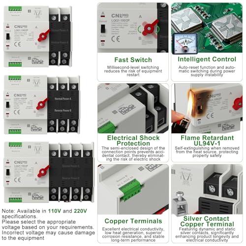 AC220V/240V 100Amp Automatic/Manual Transfer Switch 2P 50/60Hz, 2Poles Mini ATS Auto Dual Power Switch Automatic Changeover Fast Transfer for Home Generator, Soalr, Rv and Lv Power - size: 2P 100A 220V