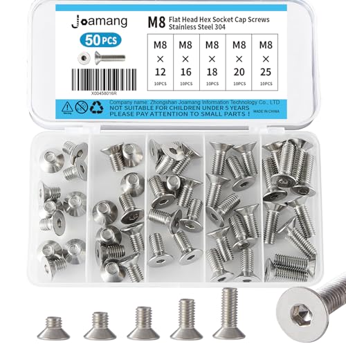 M8 x 12mm 16mm 18mm 20mm 25mm Flat Head Hex Socket Cap Screws Countersunk Bolts, Stainless Steel 304, Metric Allen Drive, Bright Finish, Fully Threaded, Assortment Kit 50PCS - size: M8 x12/16/18/20/25 mm