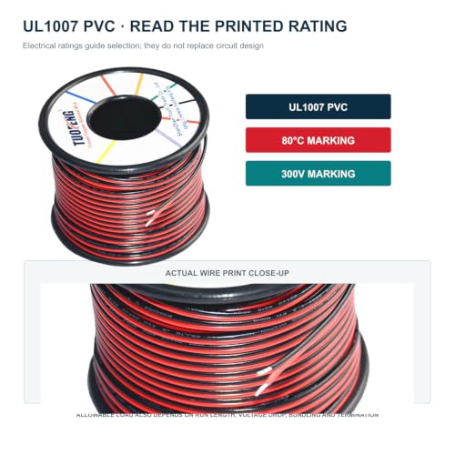 TUOFENG 20 AWG Red Black Wire, 100 ft Stranded Hookup Wire for LED 12V DC - size: 20 awg 2 parallel lines 100ft