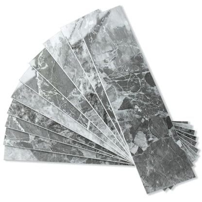 AULIGET 40-Piece Polished Grey Marble with Silver Peel and Stick Backsplash Wall Tiles, 3" x 12" PVC Faux Stone Stick on Tiles for Backsplash Kitchen, Bathroom, Laundry Room, Camper, Fireplace - color: Polished Grey Marble & Silver, size: 40 Pieces, 3"x12