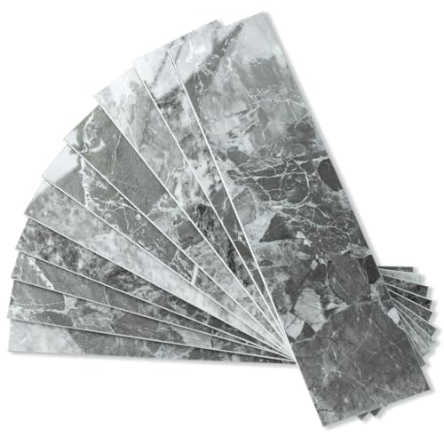 AULIGET 40-Piece Polished Grey Marble with Silver Peel and Stick Backsplash Wall Tiles, 3" x 12" PVC Faux Stone Stick on Tiles for Backsplash Kitchen, Bathroom, Laundry Room, Camper, Fireplace - color: Polished Grey Marble & Silver, size: 40 Pieces, 3"x12
