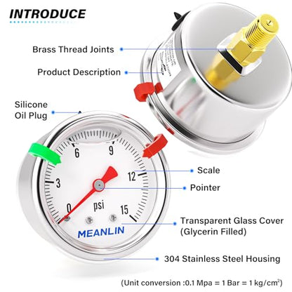 MEANLIN MEASURE 0~15Psi Stainless Steel Liquid Filled Pressure Gauge, 1/8" NPT 1.5" Luminous Dial, Glycerin Filled for Water Oil Air Center Back Mount with 2PCS Snaps - color: Back Mount, size: 0-15Psi
