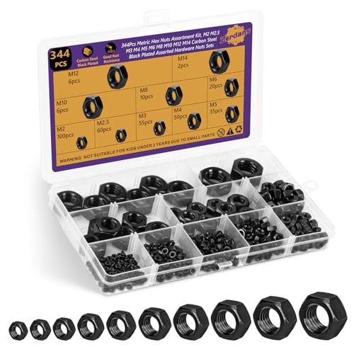 344Pcs Metric 10 Sizes Black Zinc Hex Nut Assortment Carbon Steel - size: 344Pcs M2-M14 Black