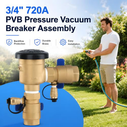 3/4 Inch Backflow Preventer, Brass Pressure Vacuum Breaker Assembly, 400 PSI Sprinkler Backflow Valve for Lawn Irrigation, Garden Water Lines and Outdoor Anti-Siphon Protection - size: 3/4 Inch