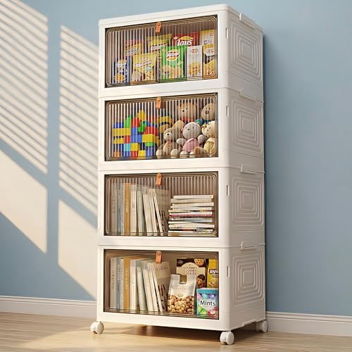 LDQ 136Qt Large Storage Bins with Lids, 4 Tier Stackable Storage Cabinet with Wheels & Clear Doors, Foldable Plastic Closet Organizer for Bedroom, Bathroom & Kitchen - size: 4 layers