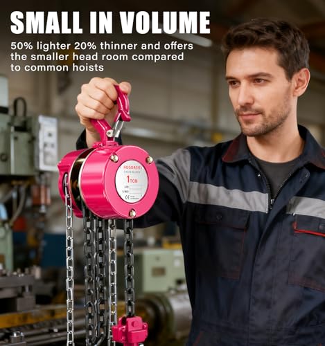 1 Ton Chain Hoist, 2200 lbs Capacity Manual Chain Block with 8 FT Lift, G80 Steel Chain, Dual Brake System & Safety Hooks, Compact Low Headroom Hoist for Garage, Warehouse,Construction Sites - color: Pink, size: 1Ton 8FT