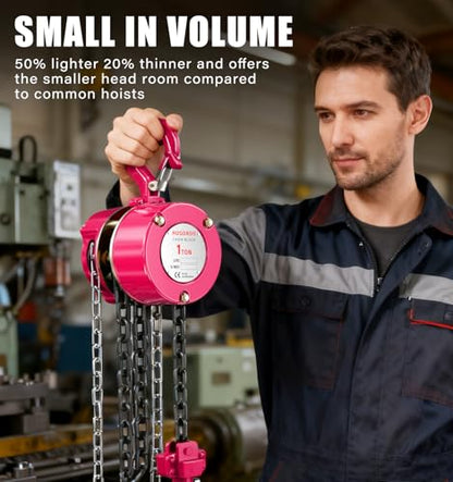 1 Ton Chain Hoist, 2200 lbs Capacity Manual Chain Block with 8 FT Lift, G80 Steel Chain, Dual Brake System & Safety Hooks, Compact Low Headroom Hoist for Garage, Warehouse,Construction Sites - color: Pink, size: 1Ton 8FT