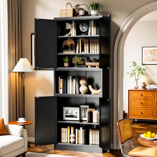 AQY Metal Pantry Cabinet, 72" Black Kitchen Storage Cabinet with Doors - color: Black, style: H72" - 4 Doors Wire Hole Hooks & Vents