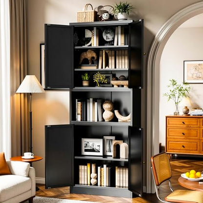 AQY Metal Pantry Cabinet, 72" Black Kitchen Storage Cabinet with Doors - color: Black, style: H72" - 4 Doors Wire Hole Hooks & Vents