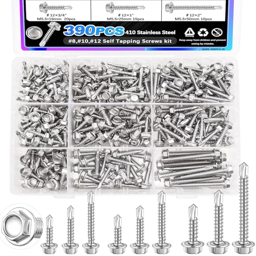 mxuteuk 390PCS Self Tapping Screws,410 Stainless Steel Self Tapping Screws for Metal,#8,#10,#12 Self Drilling Screws,Hex Washer Head Sheet Metal Screws Suitable for Wood, Metal or Tough Materials