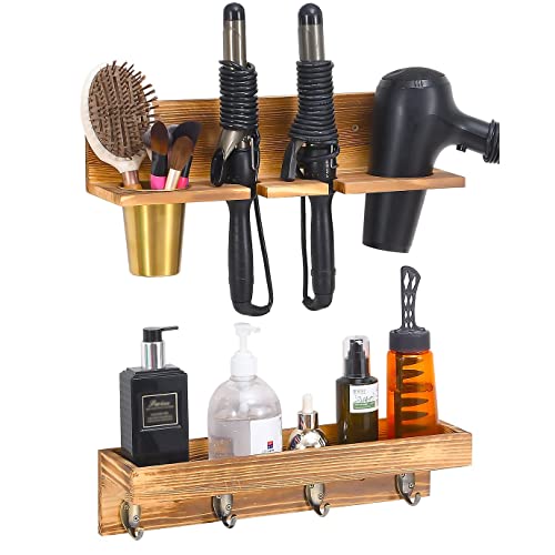 UPTRUST Wall Mount Hair Tool Organizer, Set of 2 Layer Rustic Wooden Dryer Holder Rack, Product Organizer Tray for Dryer with 4 Hooks