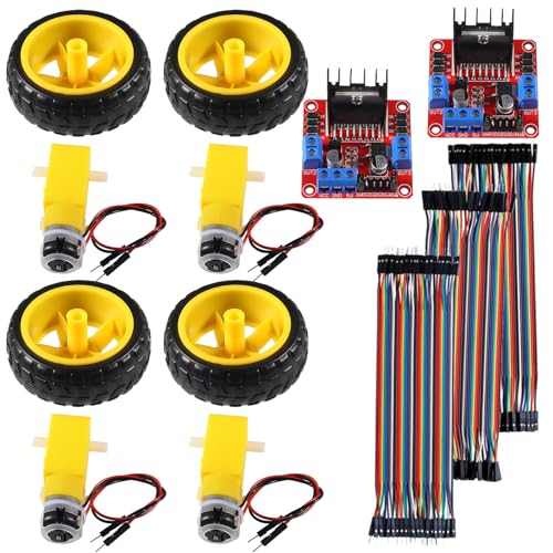 DIANN 4 Sets DC Gearbox Motor TT Motor 200RPM Tire Wheel DC 3-6V 1:48 Male Connector with 2pcs L298N Motor Drive Controller Board and Cables M/F M/M F/F - style: 4 Sets Motor with L298N