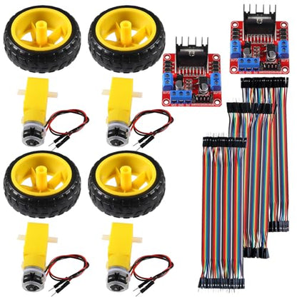 DIANN 4 Sets DC Gearbox Motor TT Motor 200RPM Tire Wheel DC 3-6V 1:48 Male Connector with 2pcs L298N Motor Drive Controller Board and Cables M/F M/M F/F - style: 4 Sets Motor with L298N