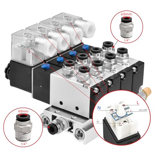 Heschen Electrical Pneumatic 4 Solenoid Valve 4V210-08 AC220V PT1/4 5 Way 2 Position Manifold Base Muffler Quick Fittings Set