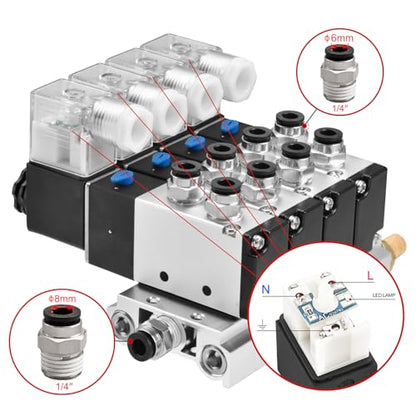 Heschen Electrical Pneumatic 4 Solenoid Valve 4V210-08 AC220V PT1/4 5 Way 2 Position Manifold Base Muffler Quick Fittings Set