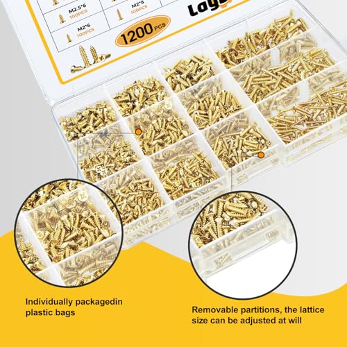 1200 Pcs Small Self Tapping Screws for Plastic and Metal, M2,M2.5,M3 Phillips Flat Head Small Screws,Golden Carbon Steel Tiny Screws Assortment Kit for Woodworking,DIY - color: Gold 1200Pcs M2-M3 Phillips Flat Head Screws