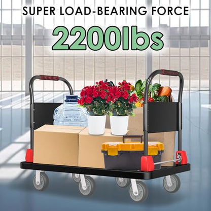 2200 lb 6-Wheel Heavy Duty Platform Truck with Foldable Dual Handrails - color: Black-50" Lx27 W