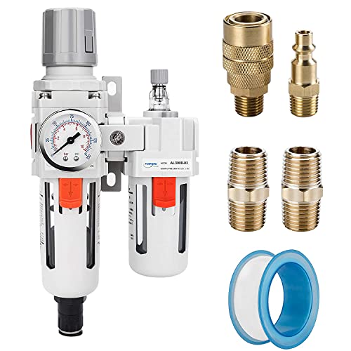 NANPU 3/8" NPT Air Filter Regulator Lubricator Combo, Water Separator - size: 3/8" NPT, style: Auto Drain, Metal Coupler & Plug