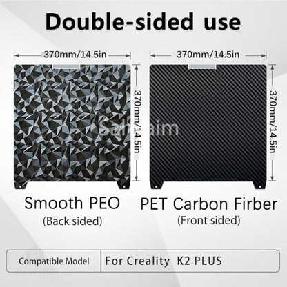 370x370mm K2 Plus Build Plate, Double-Sided PEO PET Build Plate Printing Bed Platform for Creality K2 Plus 3D Printer,Flexible Spring Steel Sheet Without Magnetic Base for Creatily K2 Plus - size: 370x370mm for K2 Plus