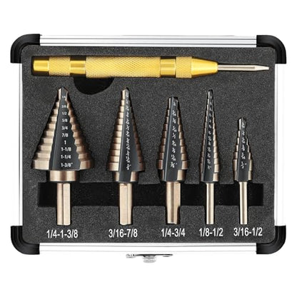 COMOWARE Step Drill Bit Set & Automatic Center Punch- Black and Gold, Double Cutting Blades, High Speed Steel, Short Length Drill Bits Set of 5 pcs, Total 50 Sizes with Aluminum Case - size: Black & Gold 5pcs