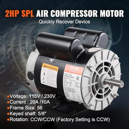 VEVOR 2HP Air Compressor Electric Motor, 115/230V, 20/10 Amps, 56 Frame 3450RPM, 5/8" Keyed Shaft, 1.88" Shaft Length, Single Phase, CCW/CW (Factory Setting is CCW) - size: 2P-1.88" Shaft Length