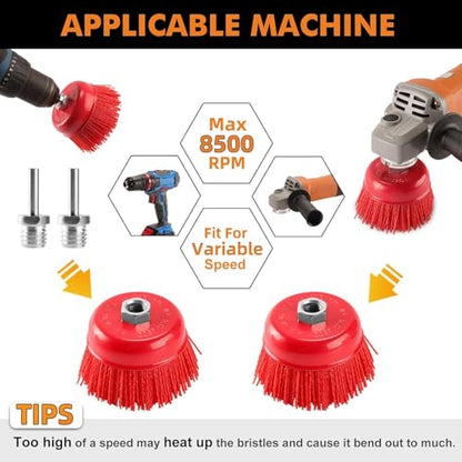 6 Inch Abrasive Nylon Cup Brush Combo with Drill Adapter – Red 180 Grit & Gray 80 Grit, 5/8"-11 Thread Arbor, Dual-Grit Filament Brush Set for Grinder or Drill, Rust & Paint Removal, Polishing